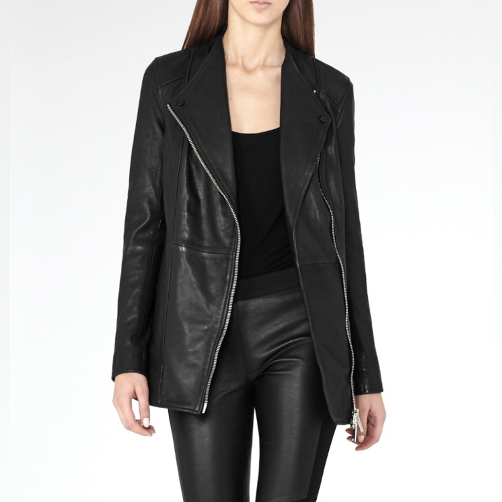 REISS Cass Longline Lamb Leather Jacket in Black.. Size 4